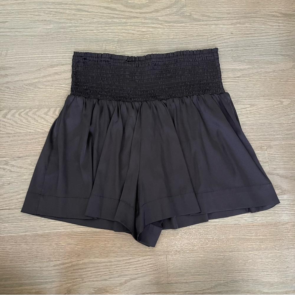 Pookie & Sebastian Black High Waist Flowy Satin Shorts
